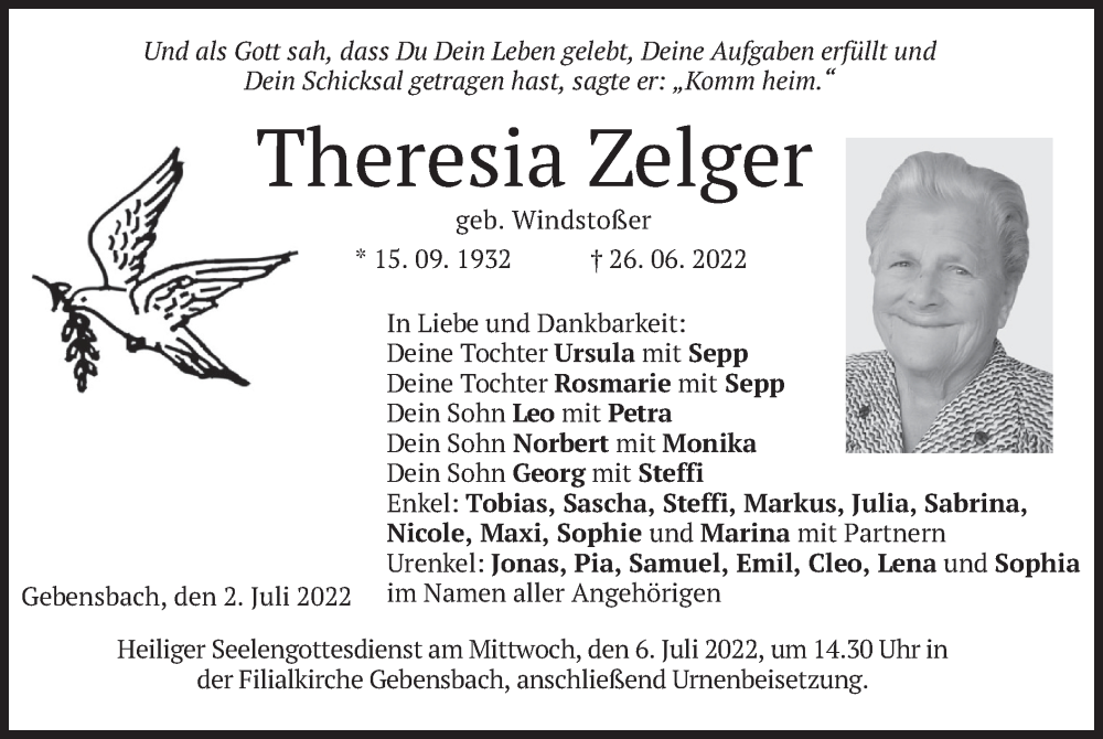  Traueranzeige für Theresia Zelger vom 02.07.2022 aus merkurtz