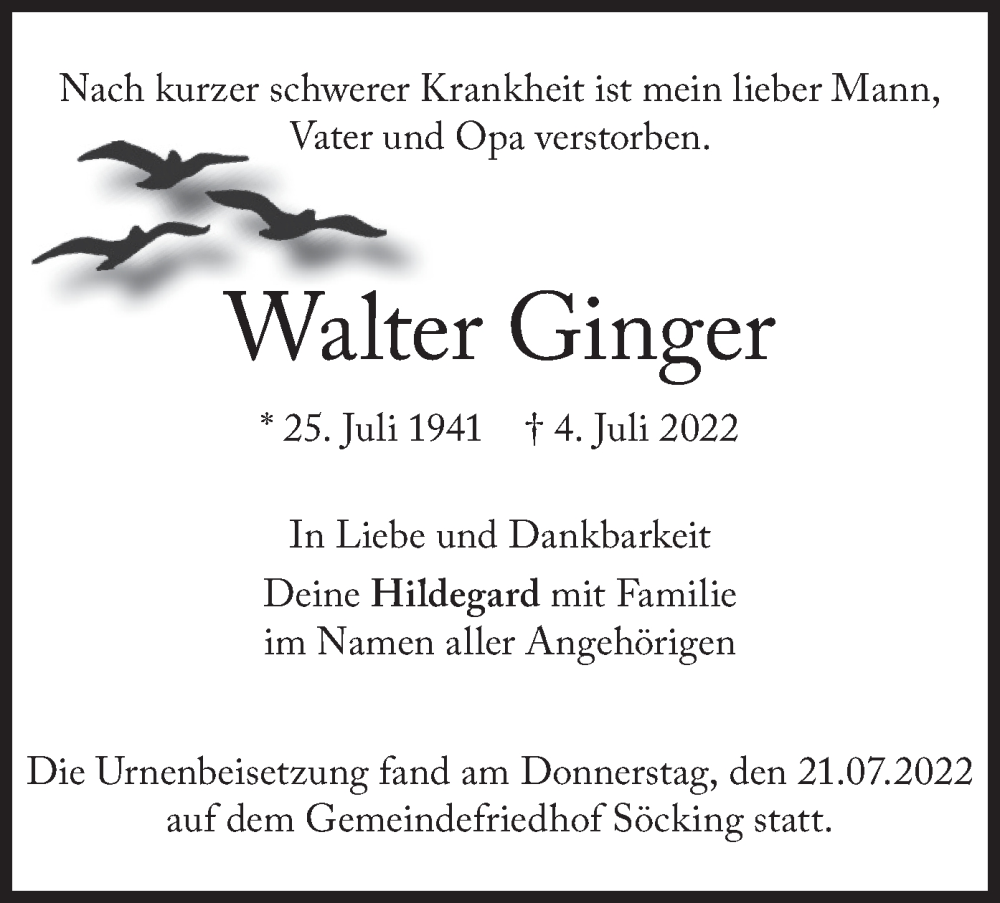  Traueranzeige für Walter Ginger vom 23.07.2022 aus merkurtz