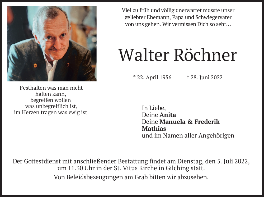  Traueranzeige für Walter Röchner vom 02.07.2022 aus merkurtz