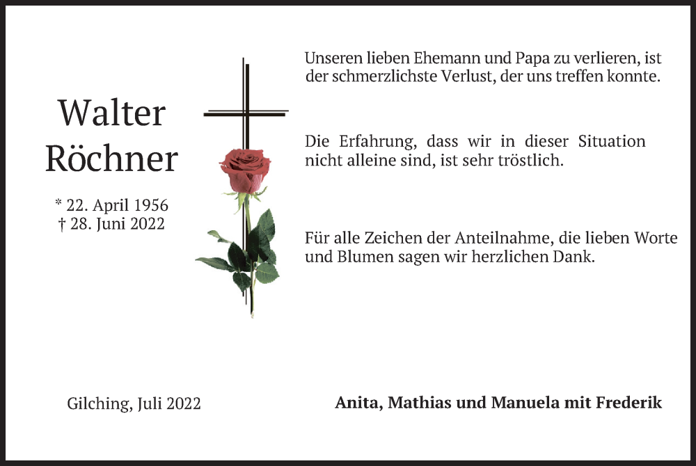  Traueranzeige für Walter Röchner vom 09.07.2022 aus merkurtz