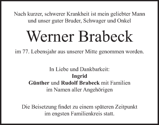 Traueranzeige von Werner Brabeck von merkurtz