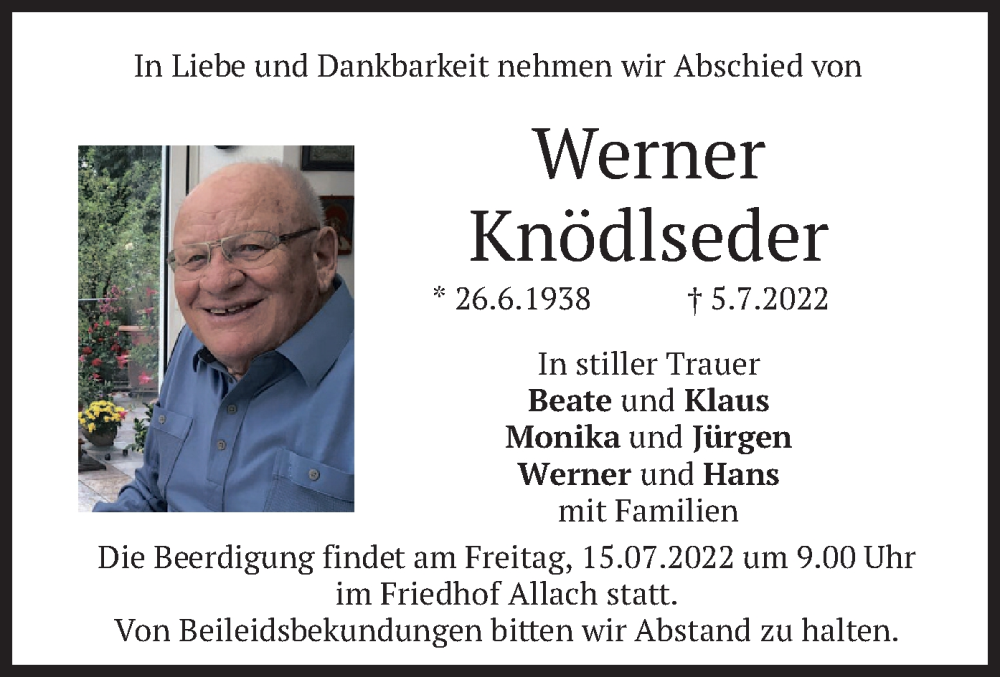  Traueranzeige für Werner Knödlseder vom 09.07.2022 aus merkurtz