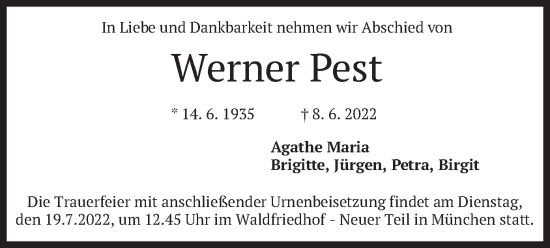 Traueranzeige von Werner Pest von merkurtz