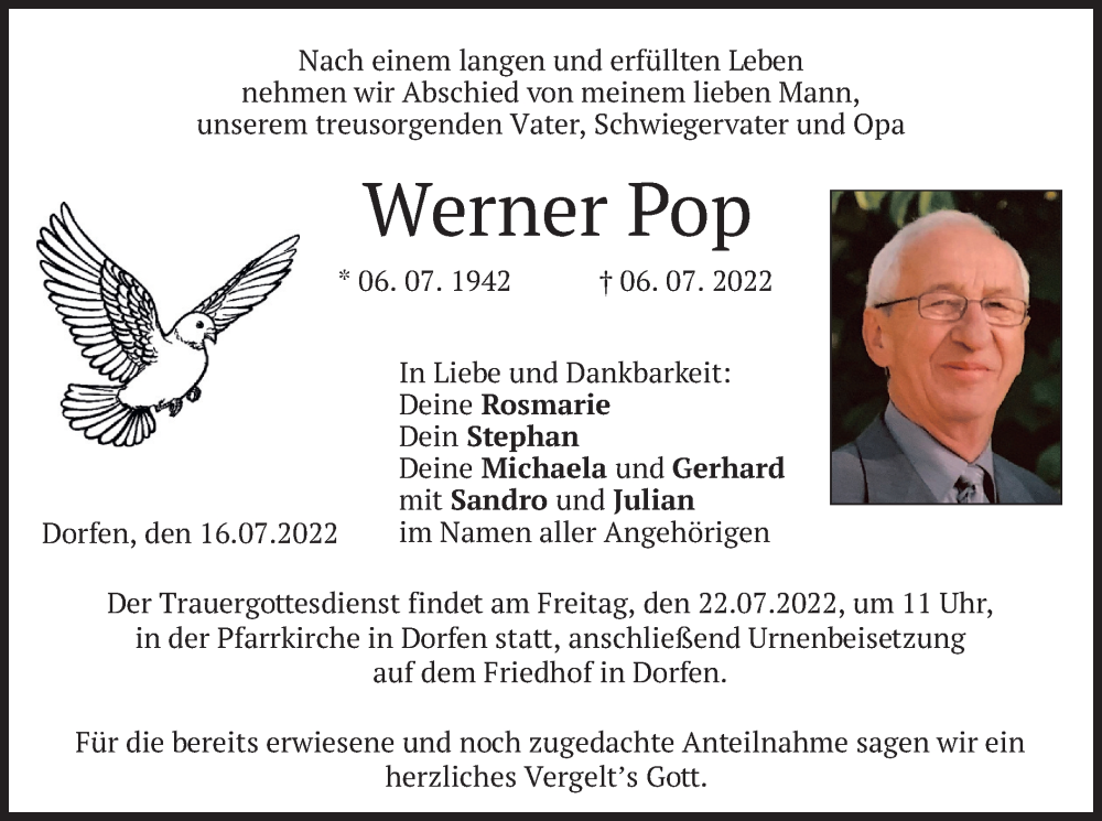  Traueranzeige für Werner Pop vom 16.07.2022 aus merkurtz