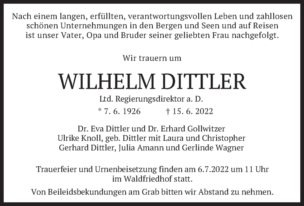  Traueranzeige für Wilhelm Dittler vom 04.07.2022 aus merkurtz