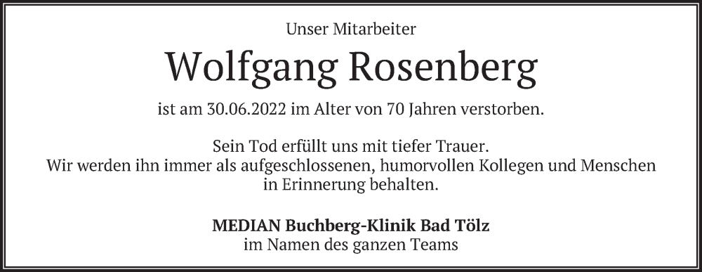  Traueranzeige für Wolfgang Rosenberg vom 08.07.2022 aus merkurtz