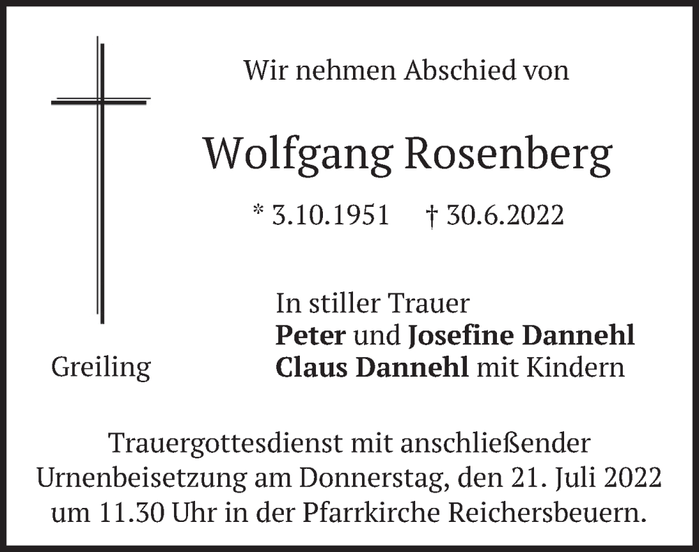  Traueranzeige für Wolfgang Rosenberg vom 19.07.2022 aus merkurtz