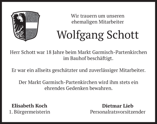 Traueranzeige von Wolfgang Schott von merkurtz