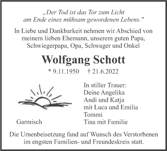 Traueranzeige von Wolfgang Schott von merkurtz