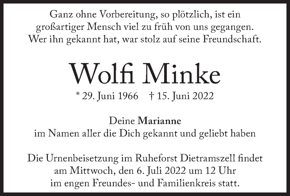  Traueranzeige für Wolfi Minke vom 02.07.2022 aus merkurtz