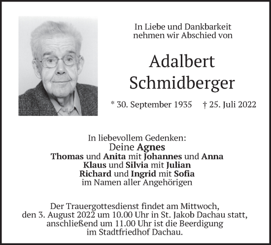 Traueranzeige von Adalbert Schmidberger von merkurtz