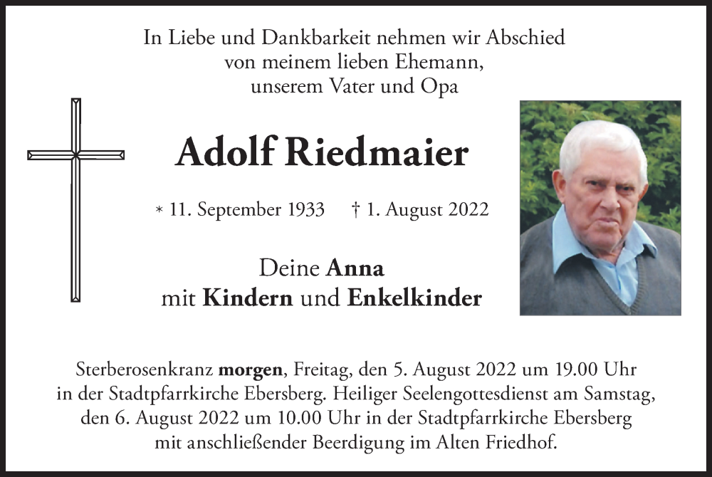  Traueranzeige für Adolf Riedmaier vom 04.08.2022 aus merkurtz