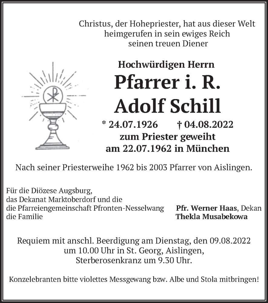  Traueranzeige für Adolf Schill vom 06.08.2022 aus merkurtz