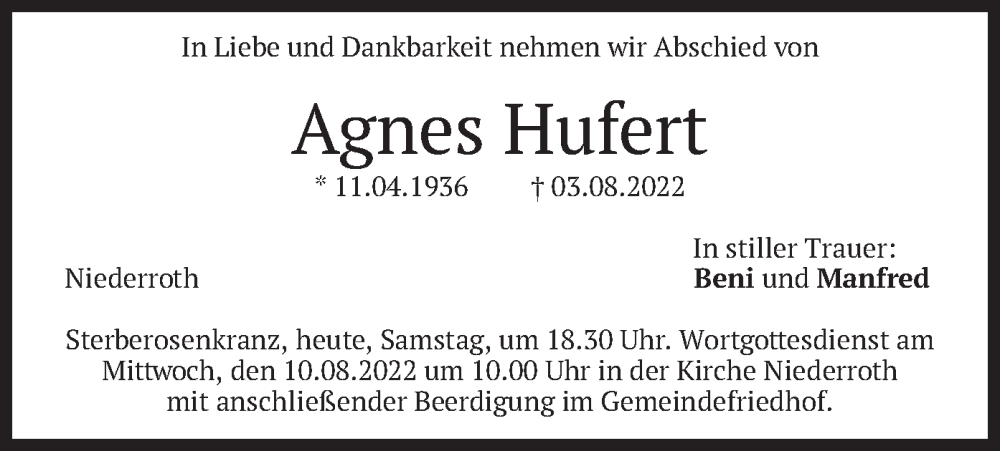  Traueranzeige für Agnes Hufert vom 06.08.2022 aus merkurtz