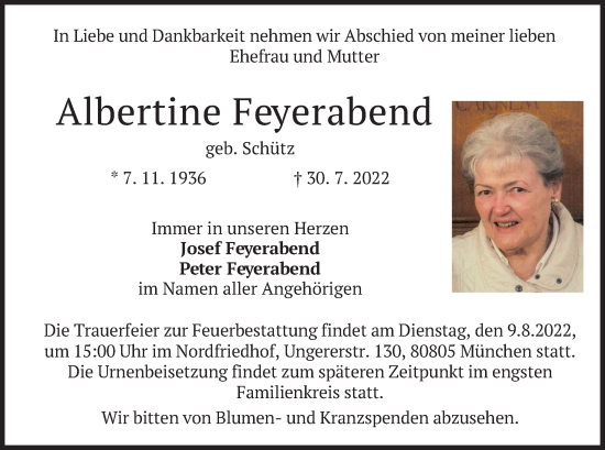 Traueranzeige von Albertine Feyerabend von merkurtz