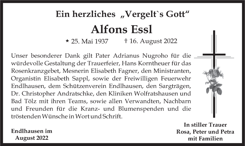  Traueranzeige für Alfons Essl vom 27.08.2022 aus merkurtz