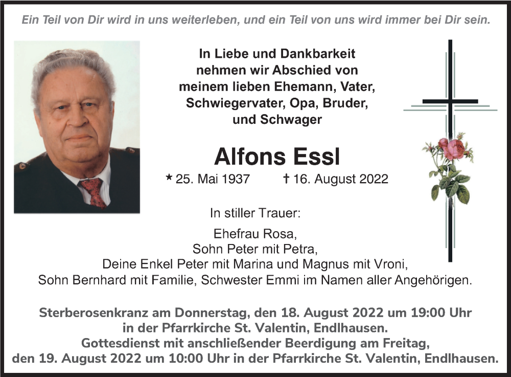  Traueranzeige für Alfons Essl vom 18.08.2022 aus merkurtz