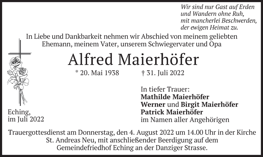  Traueranzeige für Alfred Maierhöfer vom 03.08.2022 aus merkurtz