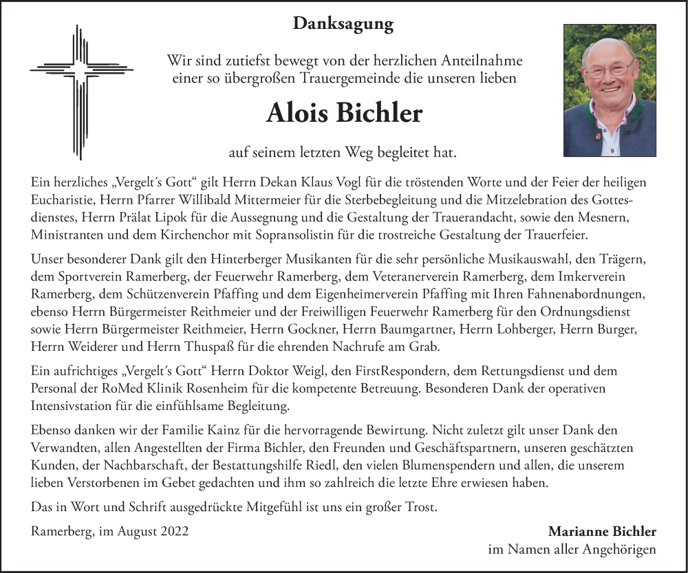  Traueranzeige für Alois Bichler vom 03.08.2022 aus merkurtz