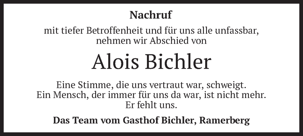  Traueranzeige für Alois Bichler vom 30.07.2022 aus merkurtz