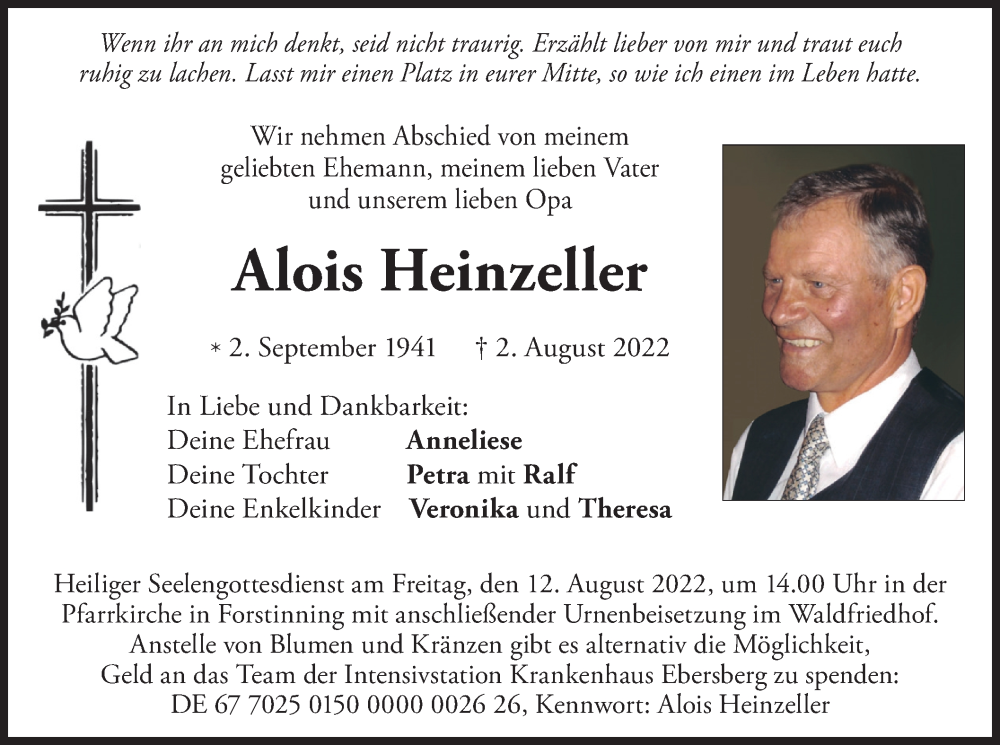  Traueranzeige für Alois Heinzeller vom 09.08.2022 aus merkurtz