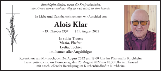 Traueranzeige von Alois Klar