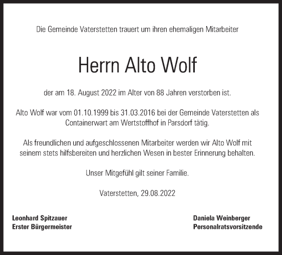 Traueranzeige von Alto Wolf von merkurtz