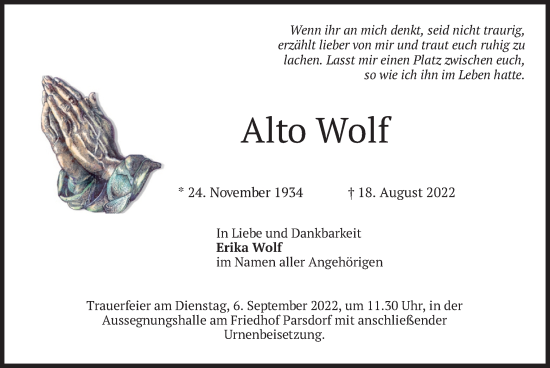 Traueranzeige von Alto Wolf von merkurtz