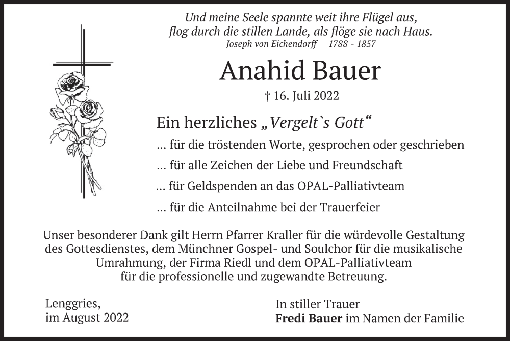  Traueranzeige für Anahid Bauer vom 13.08.2022 aus merkurtz