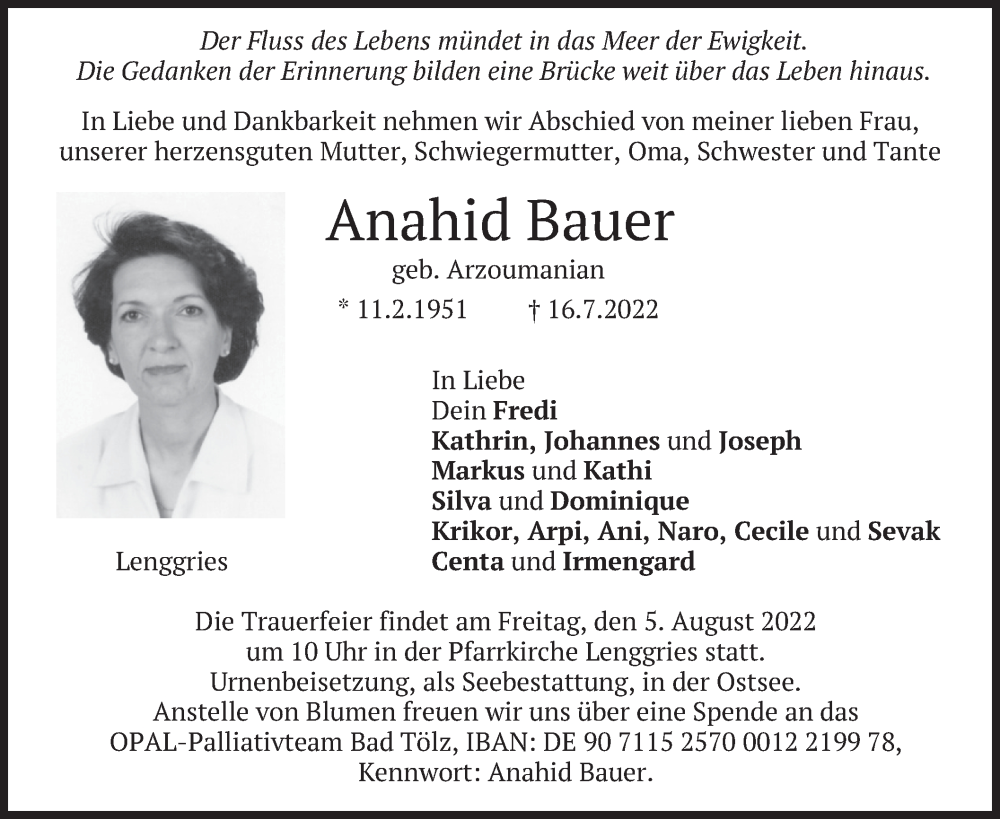  Traueranzeige für Anahid Bauer vom 30.07.2022 aus merkurtz