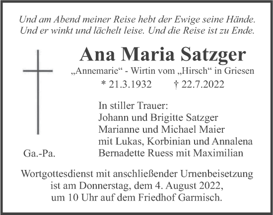 Traueranzeige von Ana Maria Satzger von merkurtz