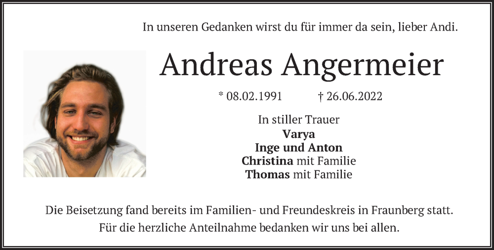  Traueranzeige für Andreas Angermeier vom 13.08.2022 aus merkurtz