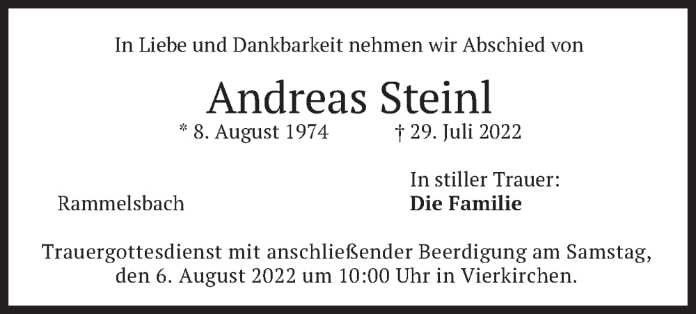  Traueranzeige für Andreas Steinl vom 04.08.2022 aus merkurtz