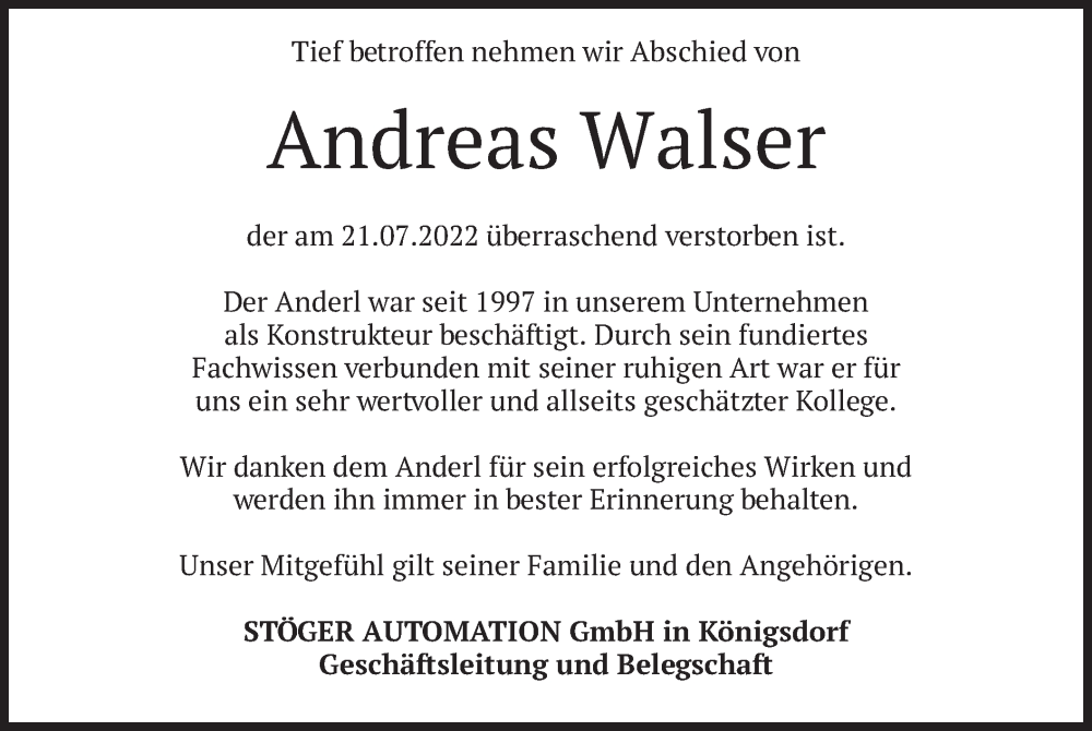  Traueranzeige für Andreas Walser vom 30.07.2022 aus merkurtz
