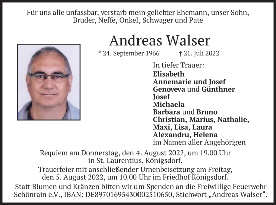 Traueranzeige von Andreas Walser von merkurtz