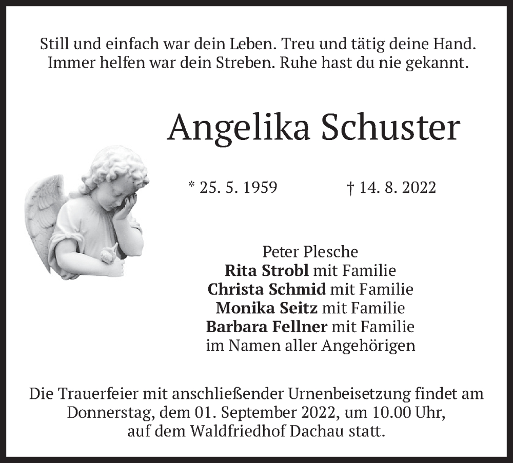  Traueranzeige für Angelika Schuster vom 27.08.2022 aus merkurtz