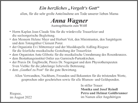 Traueranzeige von Anna Wagner von merkurtz