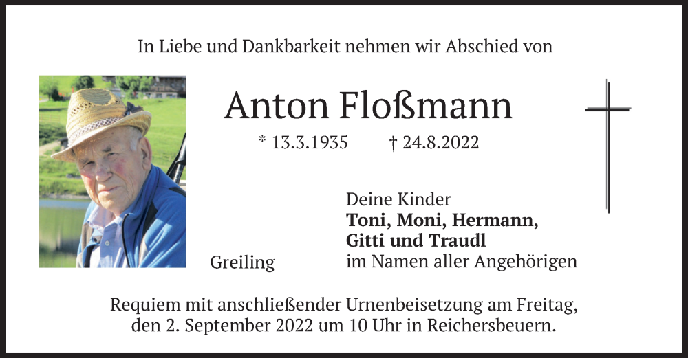  Traueranzeige für Anton Floßmann vom 30.08.2022 aus merkurtz