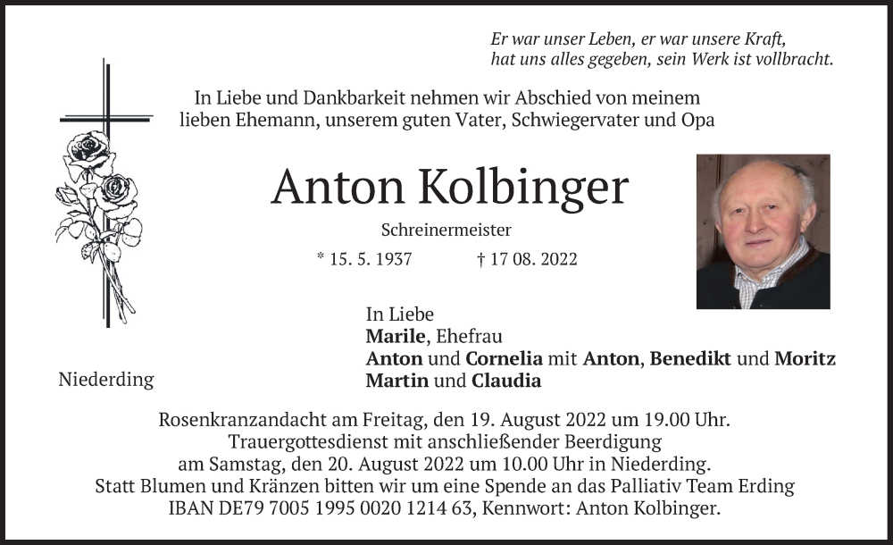  Traueranzeige für Anton Kolbinger vom 18.08.2022 aus merkurtz