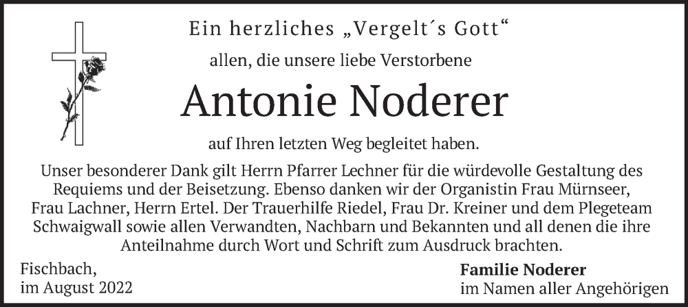  Traueranzeige für Antonie Noderer vom 27.08.2022 aus merkurtz