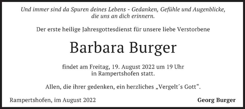  Traueranzeige für Barbara Burger vom 17.08.2022 aus merkurtz