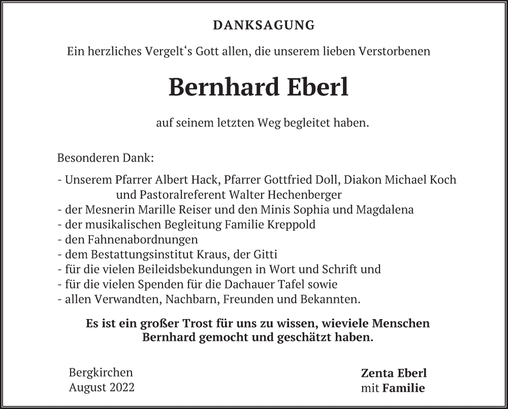  Traueranzeige für Bernhard Eberl vom 13.08.2022 aus merkurtz