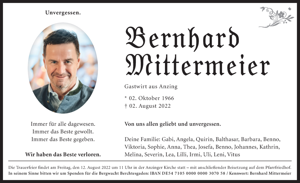  Traueranzeige für Bernhard Mittermeier vom 10.08.2022 aus merkurtz