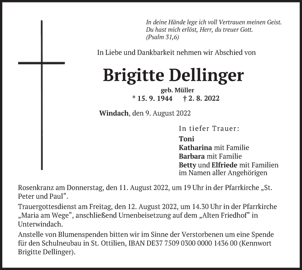  Traueranzeige für Brigitte Dellinger vom 09.08.2022 aus merkurtz