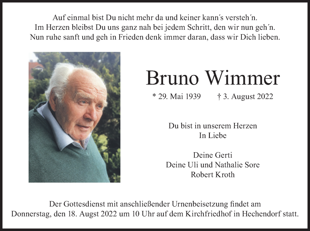  Traueranzeige für Bruno Wimmer vom 13.08.2022 aus merkurtz