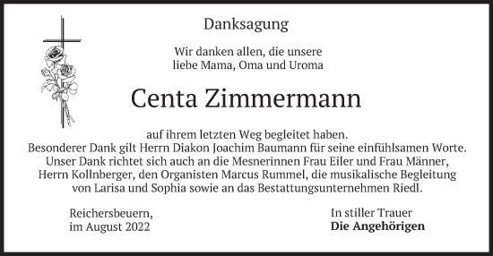 Traueranzeige von Centa Zimmermann von merkurtz