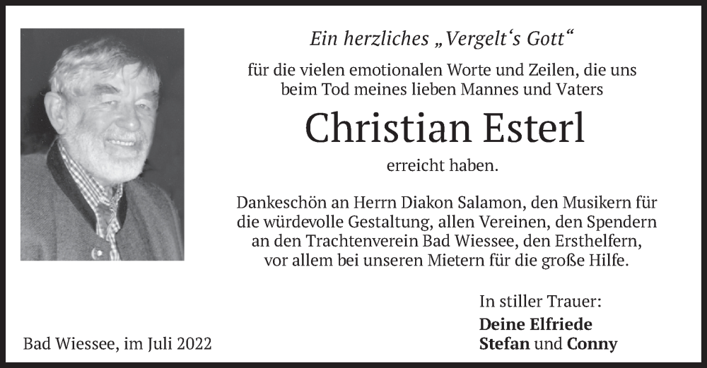  Traueranzeige für Christian Esterl vom 30.07.2022 aus merkurtz