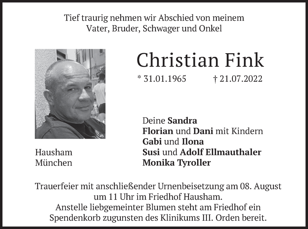  Traueranzeige für Christian Fink vom 30.07.2022 aus merkurtz