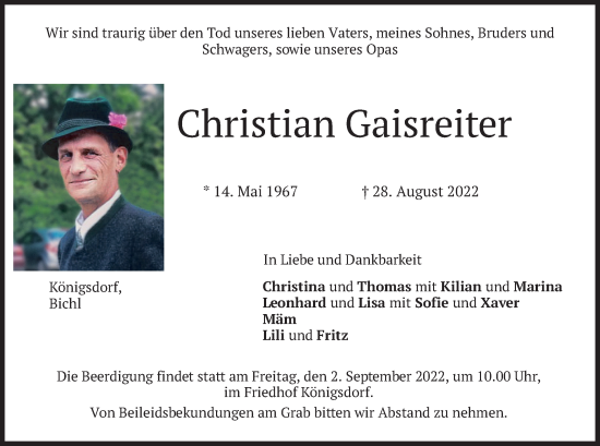 Traueranzeige von Christian Gaisreiter von merkurtz