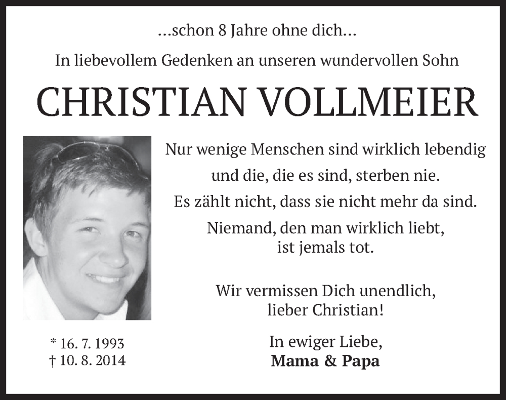  Traueranzeige für Christian Vollmeier vom 10.08.2022 aus merkurtz